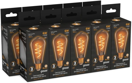 Лампа филам. Gauss Filament ST64 6Вт цок.:E27 (упак.:10шт) эдисон 220B св.свеч.бел.теп. (157802006)