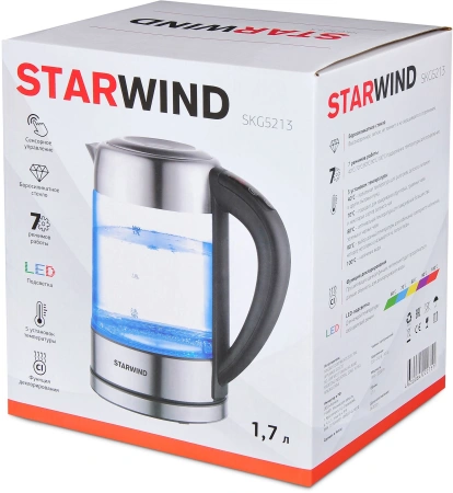Чайник электрический Starwind SKG5213 1.7л. 2200Вт черный/серебристый (корпус: стекло)