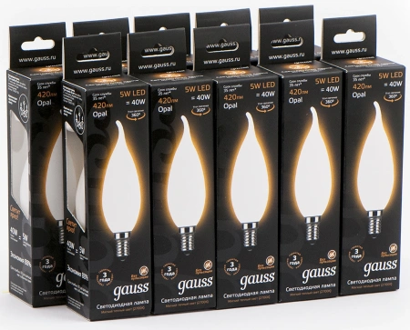 Лампа филам. Gauss Filament 5Вт цок.:E14 (упак.:10шт) свеча 220B св.свеч.бел.теп. (104201105)