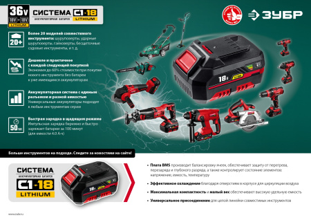Электрическая цепная пила Зубр ПЦЛ-3635-42 дл.шины:14" (35cm) 2аккум. 4Ач ЗУ