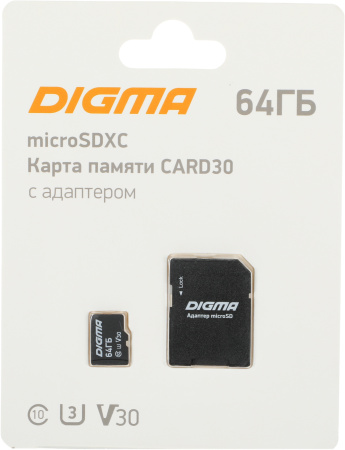 Флеш карта microSDXC 64Gb Class10 Digma CARD30 + adapter