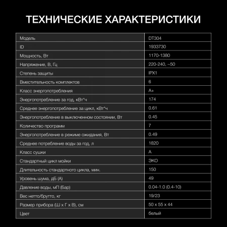 Посудомоечная машина Hyundai DT304 белый (компактная)