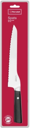 Нож кухонный Rondell Spata RD-1135 стальной для хлеба лезв.200мм серрейт. заточка черный блистер