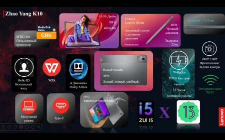 Планшет Lenovo Zhaoyang K10 G88 (2.0) 8C RAM8Gb ROM128Gb 11" IPS 1920x1200 Android 13 серый 13Mpix 8Mpix BT WiFi microSD 1Tb 7040mAh