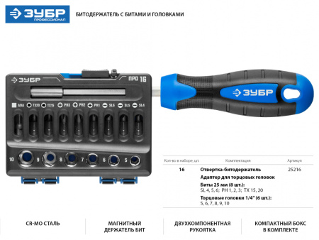 Набор отверточный Зубр 25216 16 предметов (жесткий кейс)