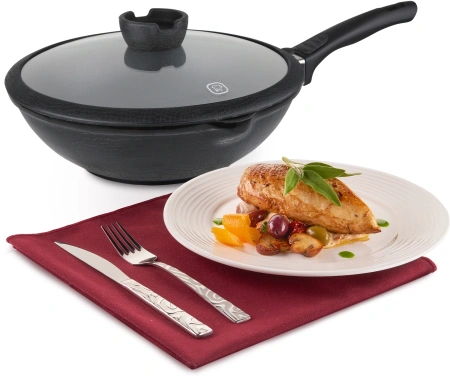 Сковорода ВОК (WOK) Rondell Escurion RDA-870 круглая 28см покрытие: антипригарное ручка съемная (с крышкой) черный