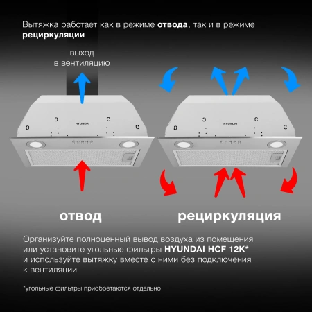 Вытяжка встраиваемая Hyundai HBB 6033 IX нержавеющая сталь управление: кнопочное (1 мотор)