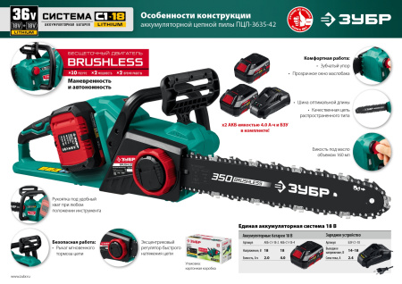 Электрическая цепная пила Зубр ПЦЛ-3635-42 дл.шины:14" (35cm) 2аккум. 4Ач ЗУ
