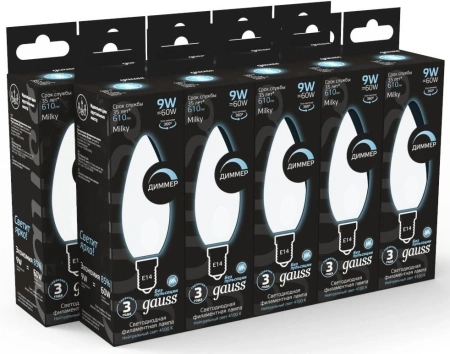 Лампа светодиодная Gauss Filament 103201209-D 9Вт цок.:E14 свеча 220B 4100K св.свеч.бел.нейт. (упак.:10шт)