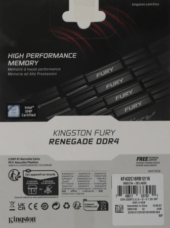 Память DDR4 16GB 3200MHz Kingston KF432C16RB12/16 Fury Renegade Black RTL Gaming PC4-25600 CL16 DIMM