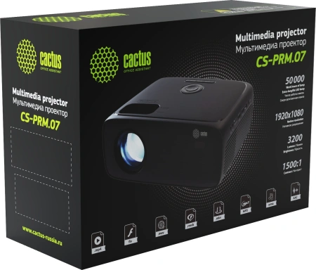 Проектор Cactus CS-PRM.07WT.Full HD LCD 3200Lm LS 320Lm ANSI 1500:1 (30000час) 1xUSB typeA 3xHDMI 1.