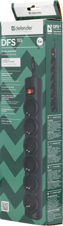 Сетевой фильтр Defender DFS 155 5м (6 розеток) черный (коробка)