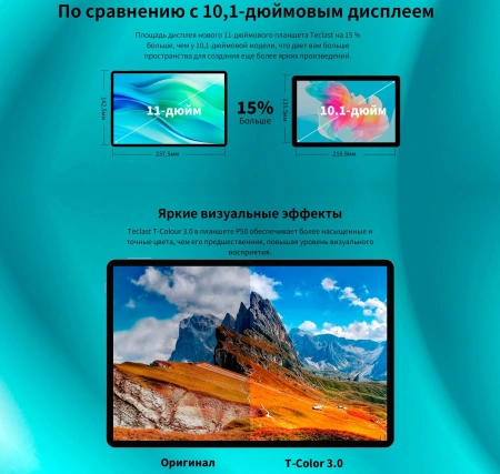 Планшет Teclast P50 Premium Set T606 (1.6) 8C RAM6Gb ROM128Gb 11" IPS 1280x800 4G 1Sim Android 14 голубой 13Mpix 5Mpix BT WiFi microSD 1Tb 8000mAh