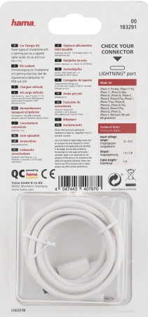 Автомобильное зар./устр. Hama H-183291 1A для Apple кабель Apple Lightning белый (00183291)