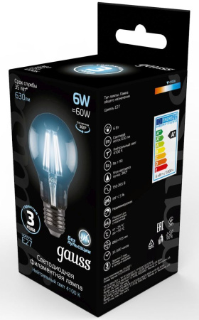 Лампа филам. Gauss Filament A60 6Вт цок.:E27 груша 220B 4100K св.свеч.бел.нейт. (упак.:1шт) (102802206)
