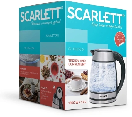Чайник электрический Scarlett SC-EK27G54 1.7л. 1800Вт серебристый/черный корпус: нерж.сталь/стекло