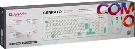 Клавиатура + мышь Defender Cerrato C-978 клав:белый мышь:белый/голубой USB беспроводная Multimedia (45978)