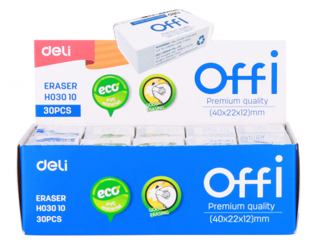 Ластик Deli EH03010 Offi 40x22x12мм ПВХ белый индивидуальная картонная упаковка