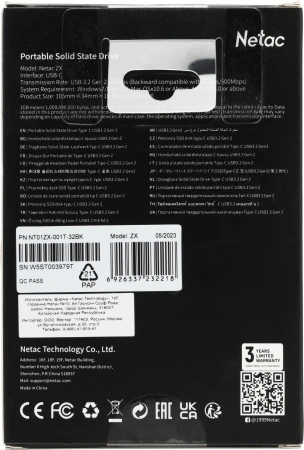 Накопитель SSD Netac USB-C 1Tb NT01ZX-001T-32BK ZX 1.8" черный