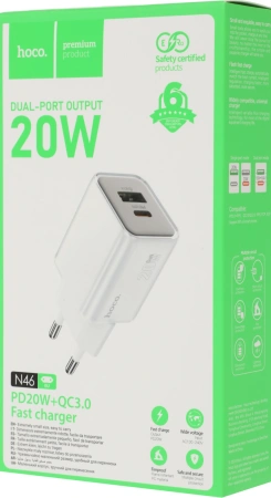 Сетевое зар./устр. Hoco N46 Glorious 20W 3A (PD+QC+AFC) USB-A/Type-C универсальное белый (35301)