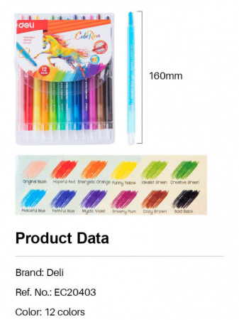 Восковые мелки Deli EC20403 Colorun с поворотным механизмом 12цв. блист.европод.
