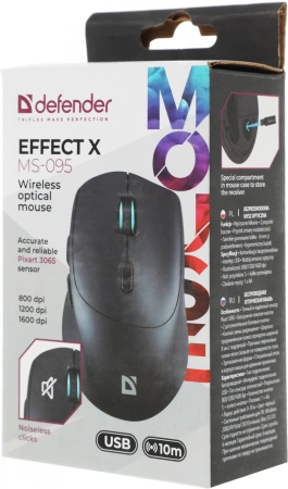 Мышь Defender Effect X MS-095 черный оптическая 1600dpi беспров. USB 5but (52095)