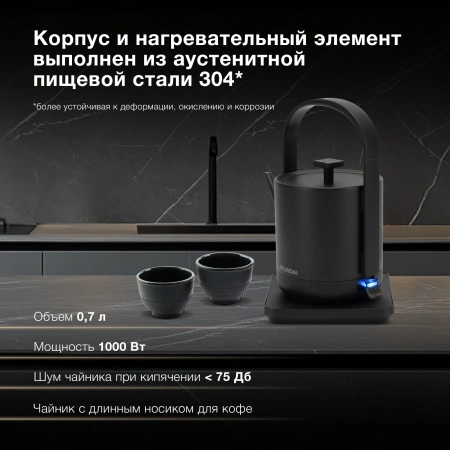 Чайник электрический Hyundai HYK-S2507 0.6л. 1000Вт черный корпус: металл