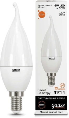 Лампа светодиодная Gauss Elementary 6Вт цок.:E14 свеча 220B 2700K св.свеч.бел.теп. (упак.:1шт) (34116)