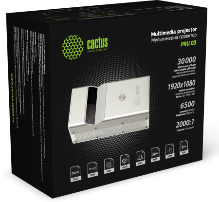 Проектор Cactus CS-PRU.03WT.Full HD-A DLP 6500Lm LS 650Lm ANSI (1920x1080) 2000:1 ресурс лампы:30000часов 2xUSB typeA 1xHDMI 1.5кг