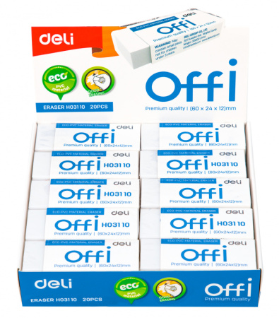 Ластик Deli EH03110 Offi 60x24x12мм ПВХ белый индивидуальная картонная упаковка
