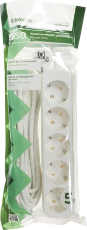 Сетевой удлинитель Defender E550 5м (5 розеток) белый (пакет ПЭ)
