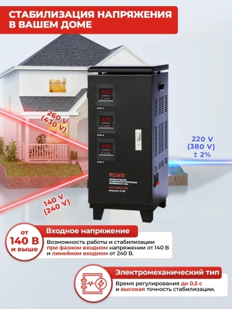 Стабилизатор напряжения Ресанта АСН-6000/3-ЭМ трехфазный черный (63/4/3)
