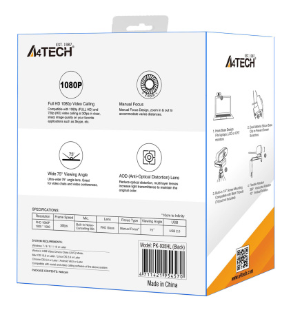 Камера Web A4Tech PK-935HL черный 2Mpix (1920x1080) USB2.0 с микрофоном