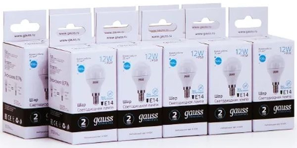Лампа светодиодная Gauss Elementary 12Вт цок.:E14 шар 220B 4100K св.свеч.бел.нейт. (упак.:10шт) (53122)