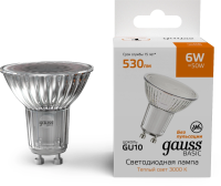 Лампа светодиодная Gauss Basic 6Вт цок.:GU10 софит св.свеч.теп.св./дневн. (упак.:10шт) (10106162)