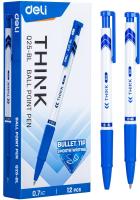 Набор ручек шариков. Deli Think EQ25-BL-P авт. корп.белый/синий d=0.7мм чернила син. кор.карт. (12шт