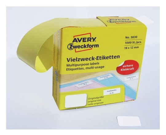 Этикетки Avery Zweckform 3830 18x12мм 1000шт на листе/70г/м2/белый самоклей. универсальная (упак.:1рул)