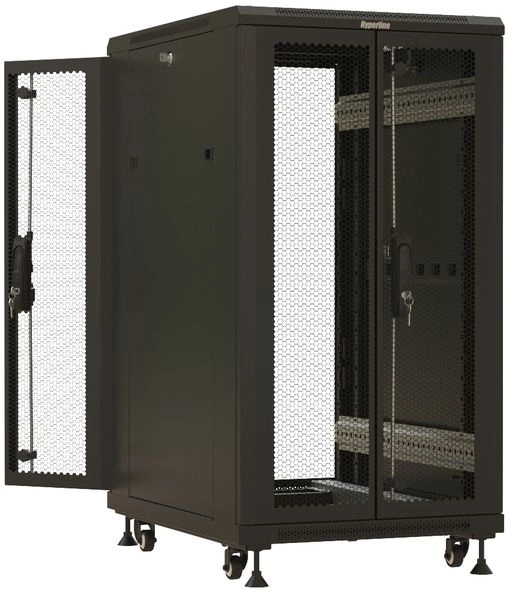 Шкаф серверный Hyperline (TTBR-2266-DD-RAL9004) напольный 22U 600x600мм пер.дв.перфор. задн.дв.перфор. 2 бок.пан. 1000кг черный 510мм 1166мм IP20 сталь