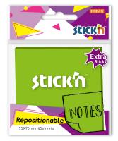 Блок самоклеящийся бумажный Stick`n 27097 76x76мм 45лист. зеленый неон 1цв.в упак. усиленный клей