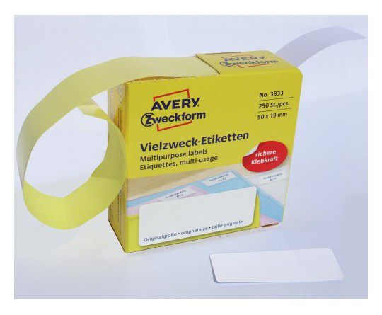 Этикетки Avery Zweckform 3833 50x19мм 250шт на листе/70г/м2/белый самоклей. универсальная (упак.:1рул)