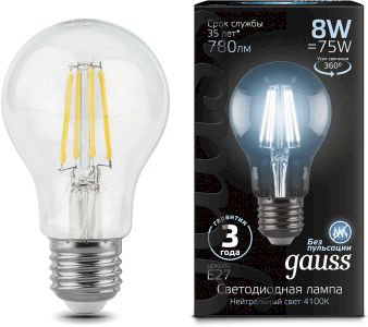 Лампа филам. Gauss 8Вт цок.:E27 шар 220B 4100K св.свеч.бел.нейт. A60 (упак.:10шт) (102802208)