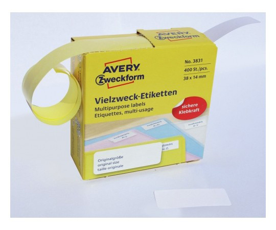 Этикетки Avery Zweckform 3831 38x14мм 400шт на листе/70г/м2/белый самоклей. универсальная (упак.:1рул)