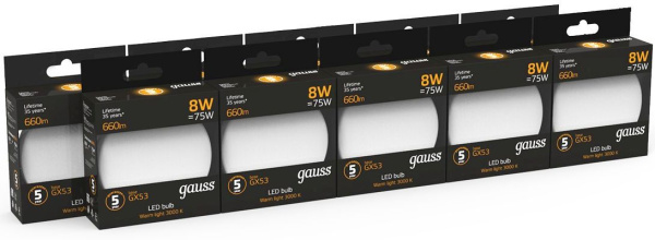 Лампа светодиодная Gauss GX53 8Вт цок.:GX53 таблетка 220B 3000K св.свеч.бел.теп. (упак.:1шт) (108408108-D)