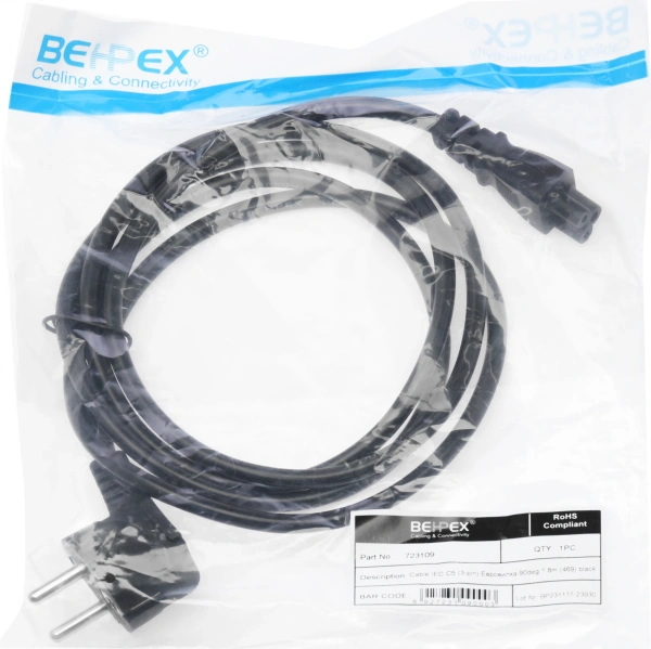 Кабель 469 IEC C5 (3-pin) Евровилка угловой 1.8м черный