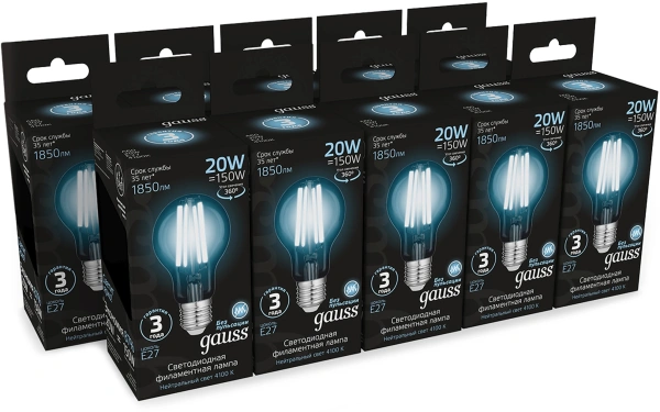 Лампа светодиодная Gauss Filament 102902220 20Вт цок.:E27 (упак.:10шт) груша 220B св.свеч.бел.нейт.