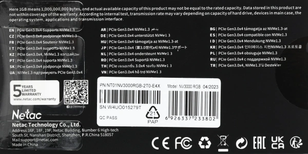 Накопитель SSD Netac PCIe 3.0 x4 2TB NT01NV3000RGB-2T0-E4X NV3000 RGB M.2 2280