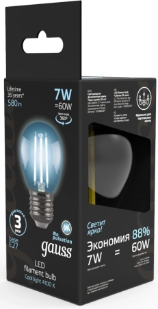 Лампа светодиодная Gauss Filament 7Вт цок.:E27 шар 220B 4100K св.свеч.бел.нейт. P45 (упак.:1шт) (105802207)