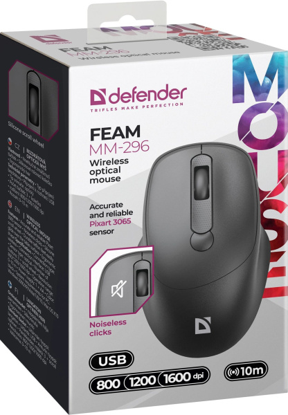Мышь Defender Feam MM-296 черный оптическая 1600dpi silent беспров. USB 3but (52296)