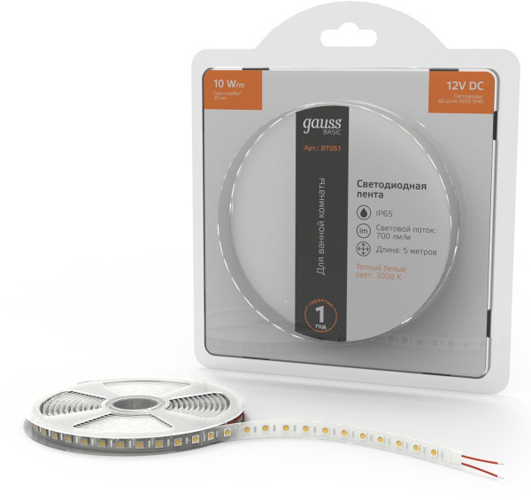Лента светодиод. Gauss Basic 5м (BT051)
