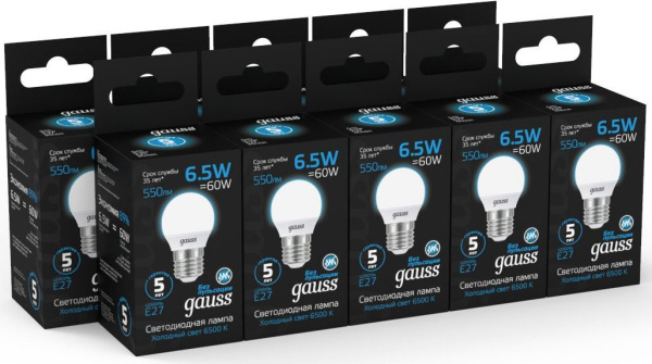 Лампа светодиодная Gauss 105102307 6.5Вт цок.:E27 шар 220B 6500K св.свеч.бел.хол. (упак.:10шт)
